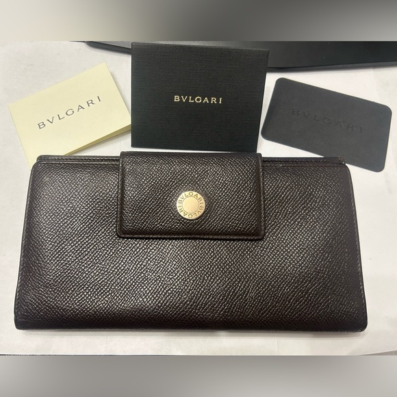 BVLGARI Handbags - Bvlgari Long Trifold Brown Wallet with Gold Accent EUC